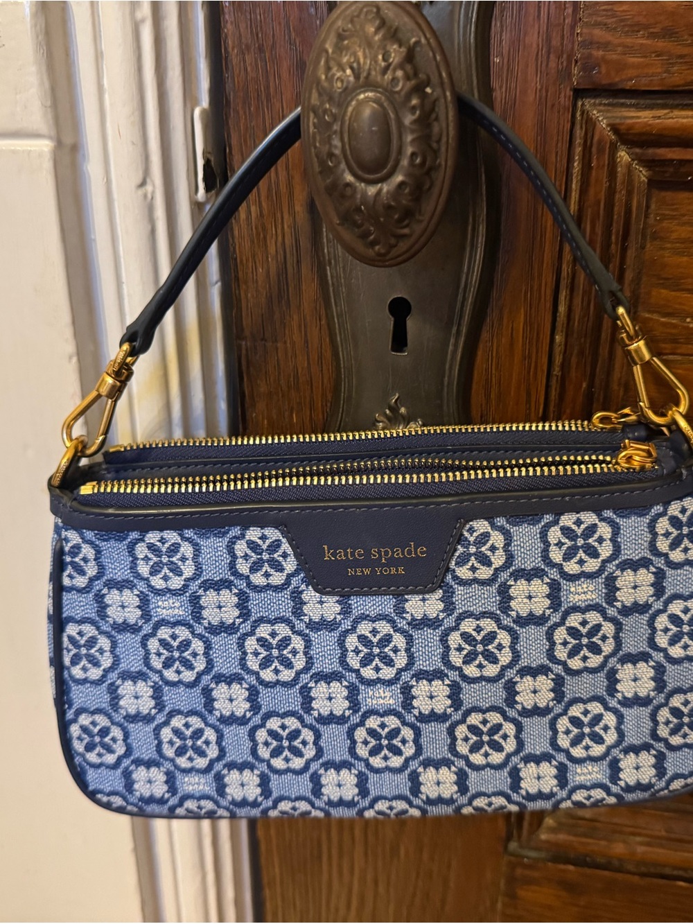 kate spade Navy and Light Blue Floral Jacquard Wristlet - Picture 1 of 2
